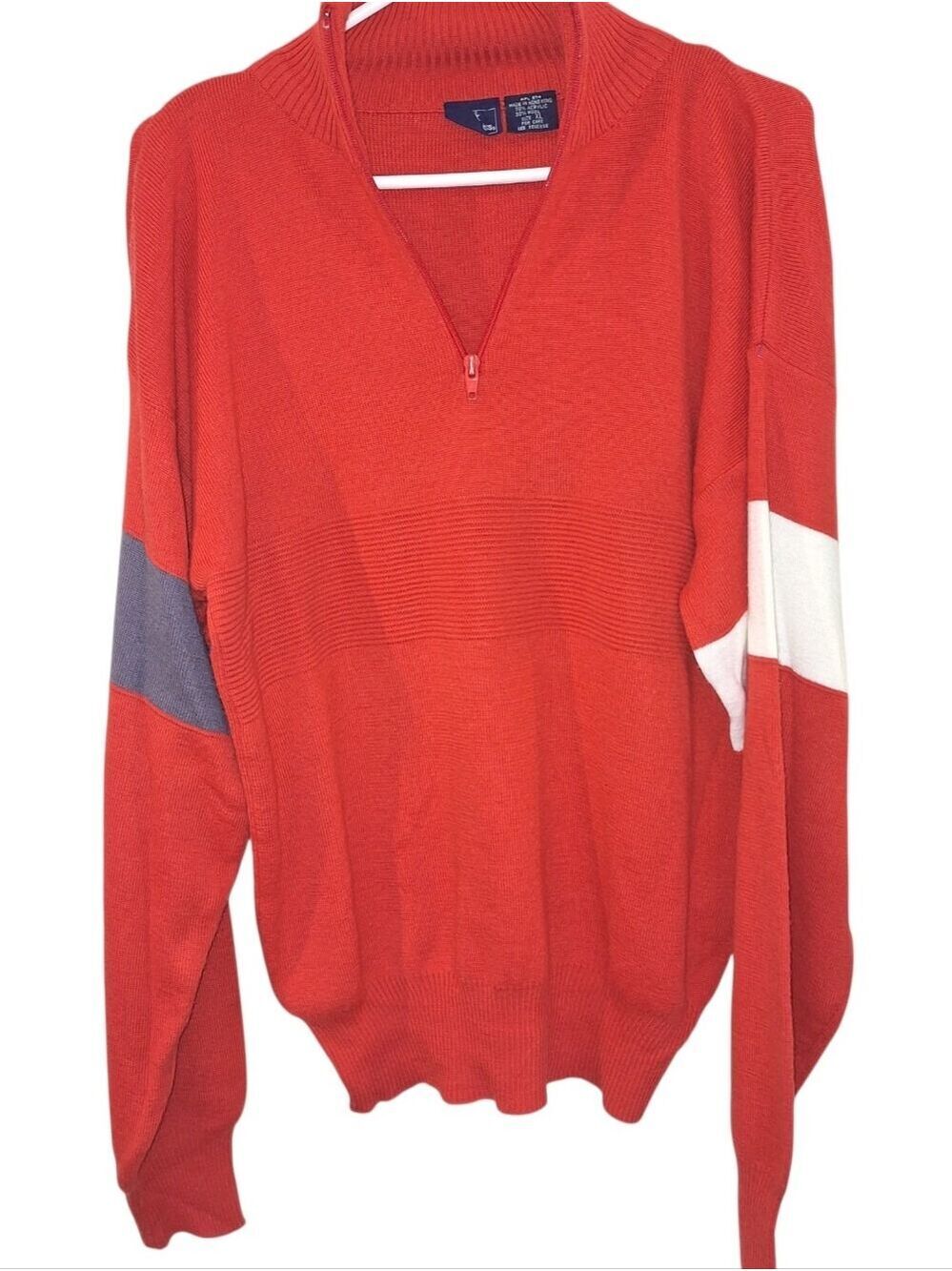 Mens Edelweiss Red Half-Zip Pullover Sweater with Contrast Sleeve Bands XL